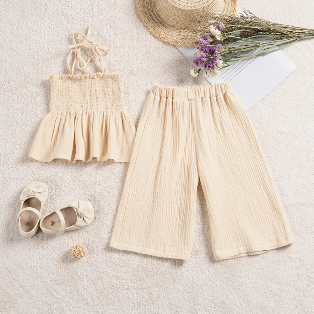 Crinkle Tie-Shoulder Top & Wide-Leg Pants Set