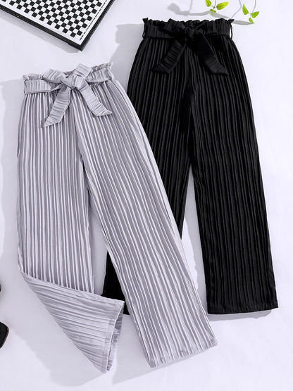 Stylish Pleated Paper Bag Waist Pants with Tie