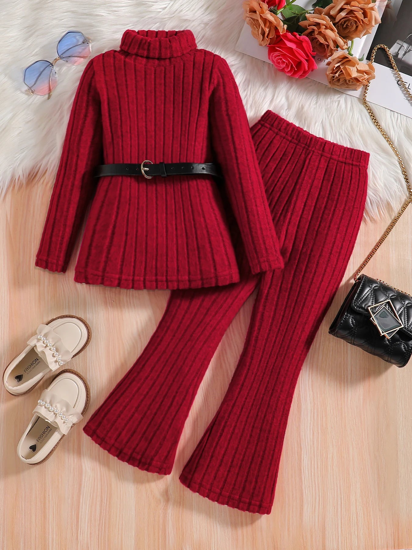Trendy Ribbed Turtleneck, Flare Pants, and Belt Set