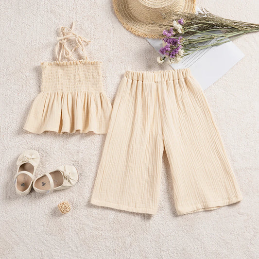 Crinkle Tie-Shoulder Top & Wide-Leg Pants Set
