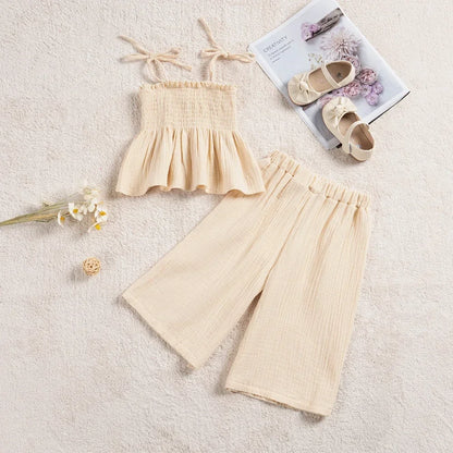 Crinkle Tie-Shoulder Top & Wide-Leg Pants Set