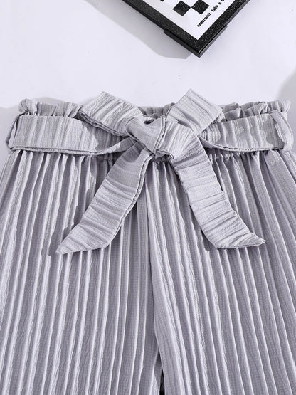 Stylish Pleated Paper Bag Waist Pants with Tie