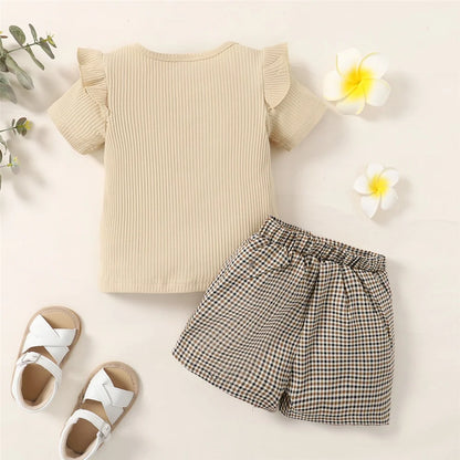 Trendy Ribbed Top and Plaid Shorts Set with Belt