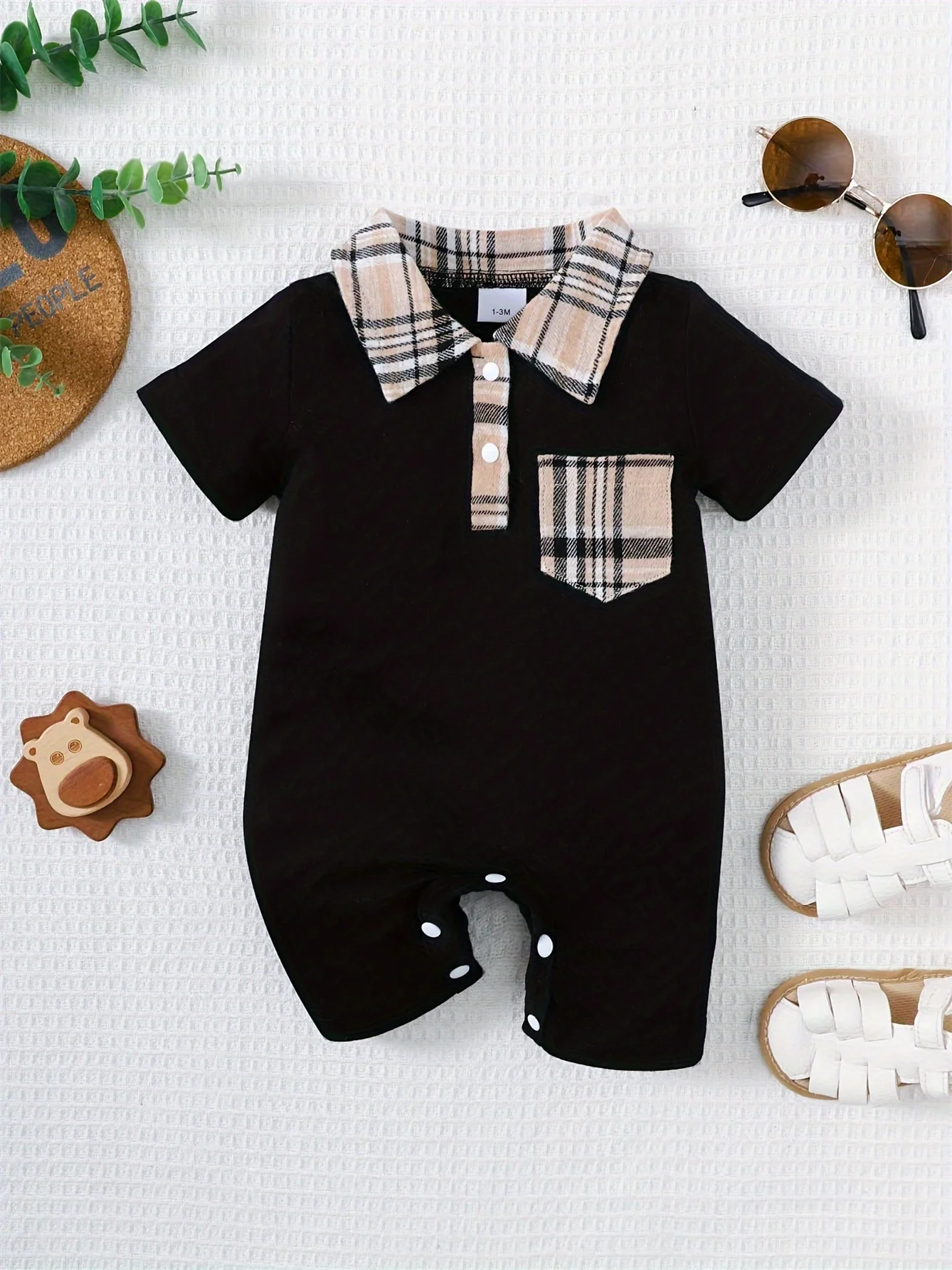 Black Baby Romper with Plaid Collar