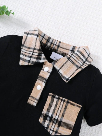 Black Baby Romper with Plaid Collar