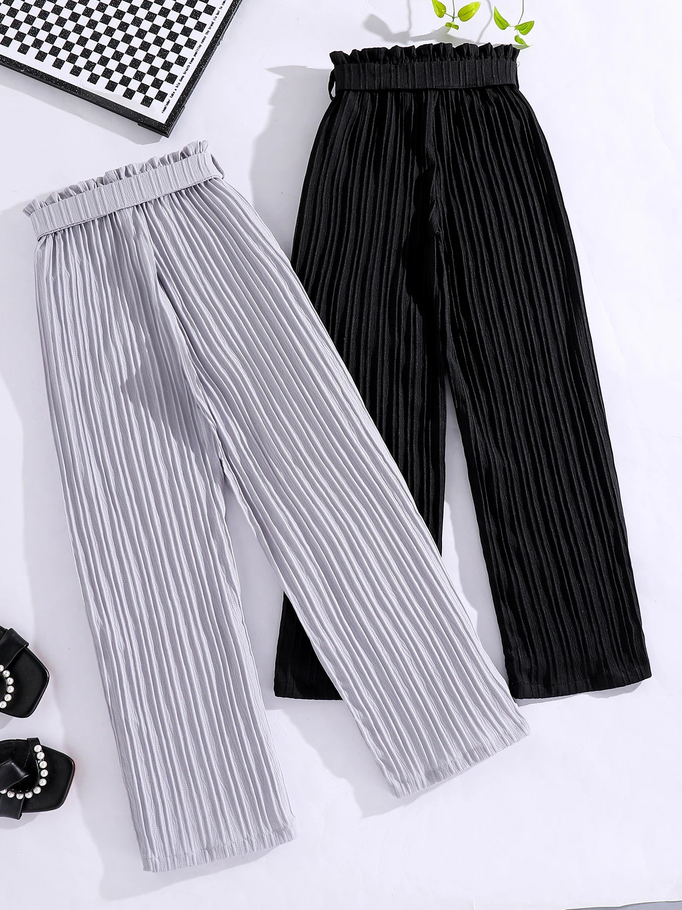 Stylish Pleated Paper Bag Waist Pants with Tie