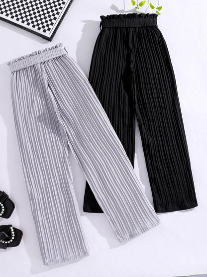 Stylish Pleated Paper Bag Waist Pants with Tie