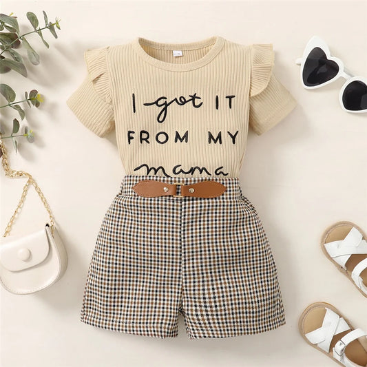 Trendy Ribbed Top and Plaid Shorts Set with Belt