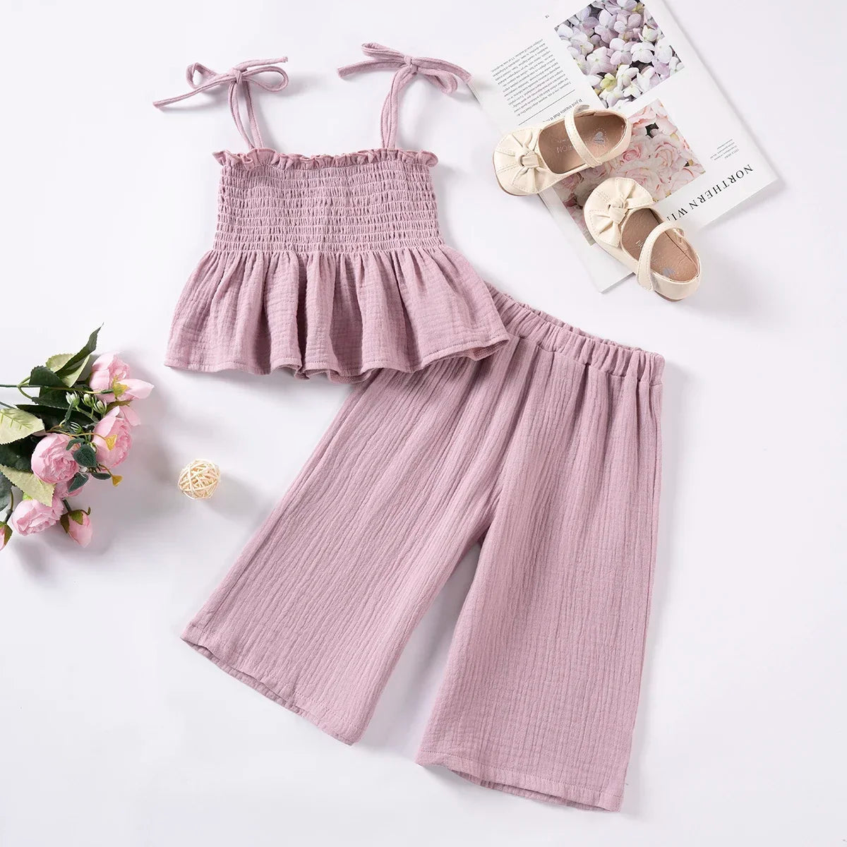 Crinkle Tie-Shoulder Top & Wide-Leg Pants Set