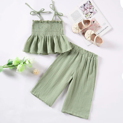 Crinkle Tie-Shoulder Top & Wide-Leg Pants Set