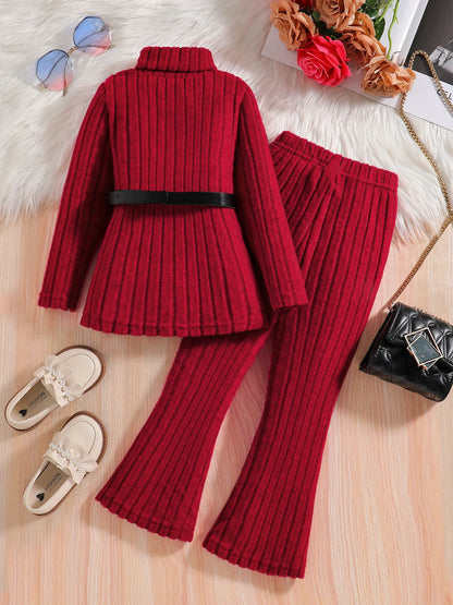 Trendy Ribbed Turtleneck, Flare Pants, and Belt Set