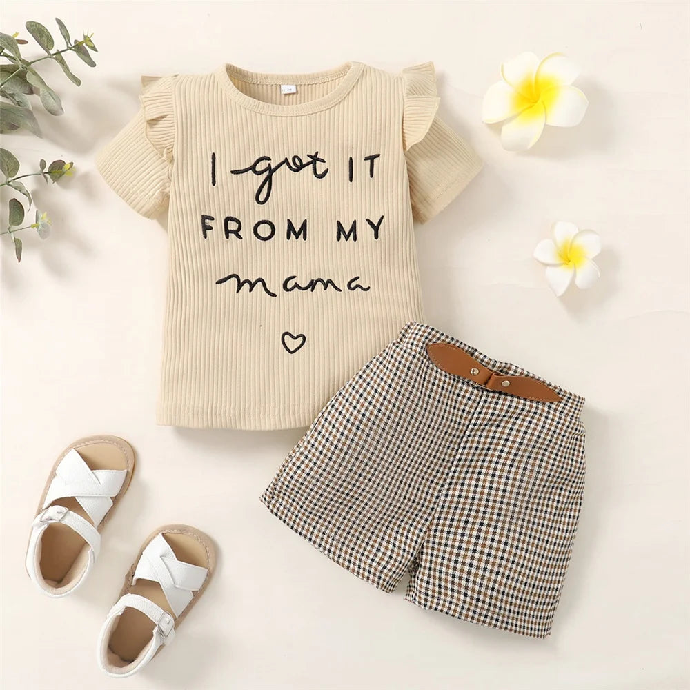Trendy Ribbed Top and Plaid Shorts Set with Belt