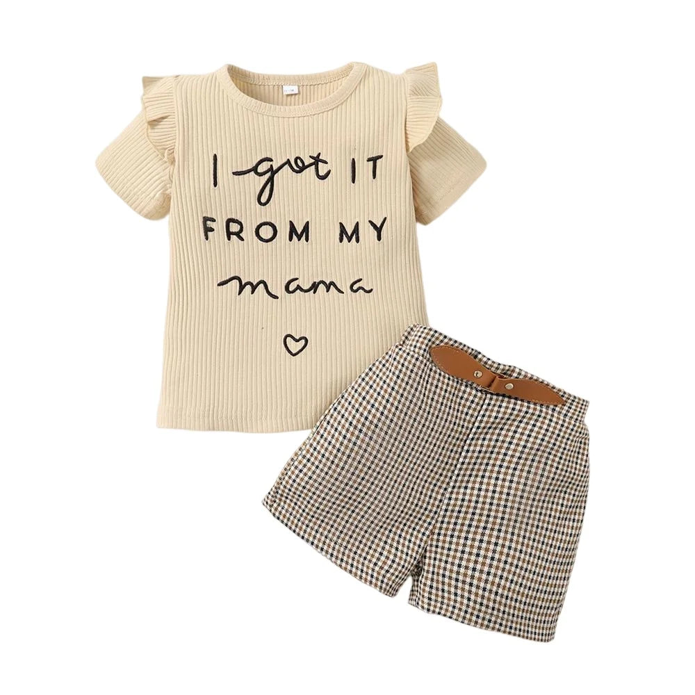 Trendy Ribbed Top and Plaid Shorts Set with Belt