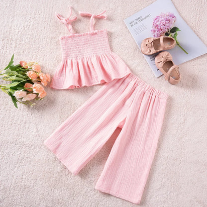 Crinkle Tie-Shoulder Top & Wide-Leg Pants Set