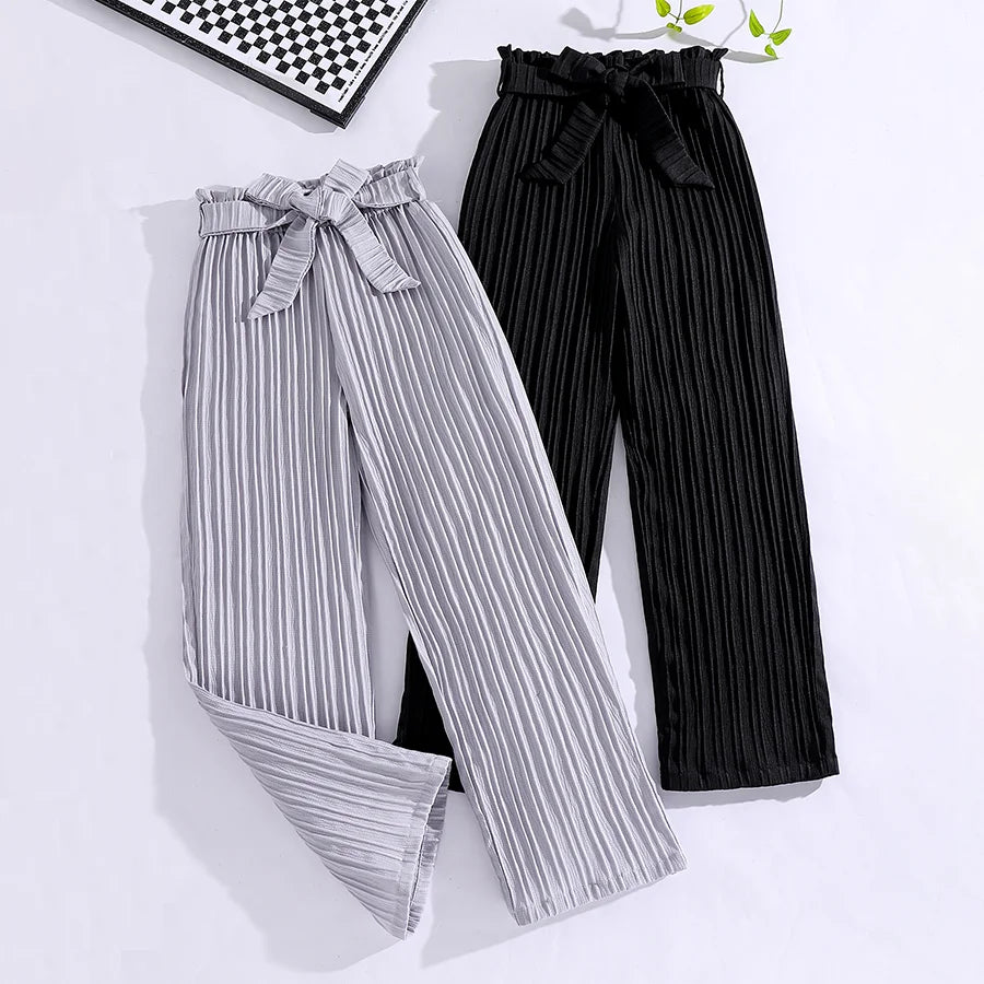 Stylish Pleated Paper Bag Waist Pants with Tie