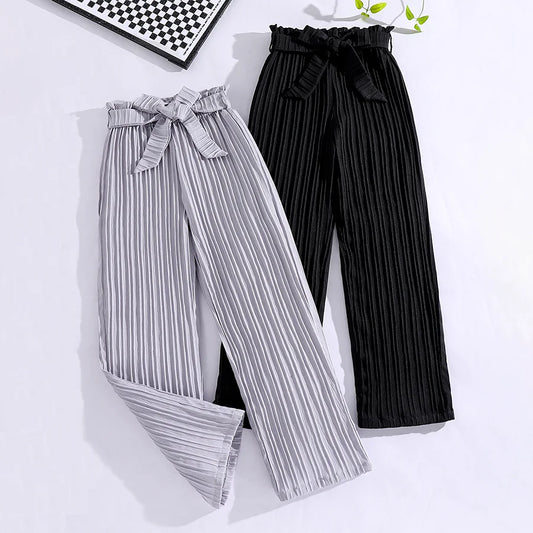 Stylish Pleated Paper Bag Waist Pants with Tie