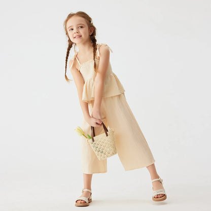 Crinkle Tie-Shoulder Top & Wide-Leg Pants Set