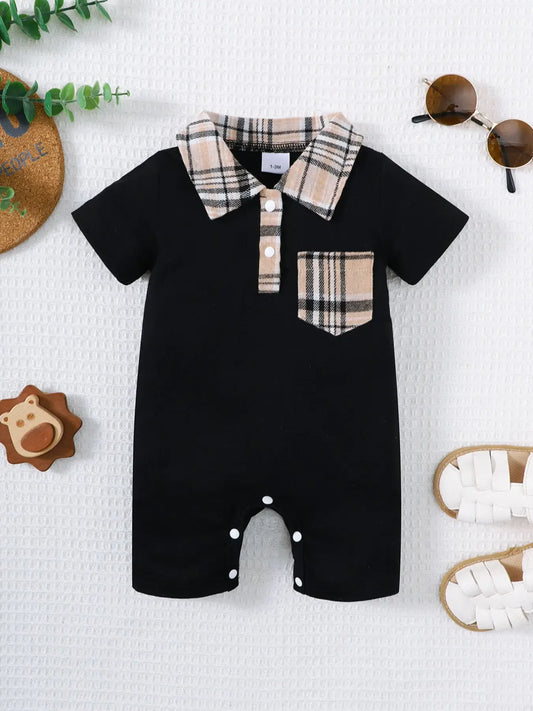 Black Baby Romper with Plaid Collar